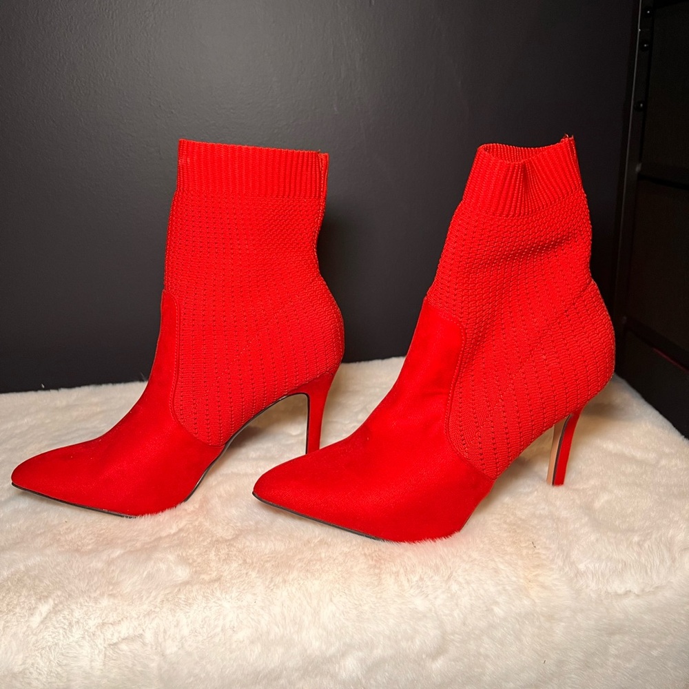 Bold Red Sock Bootie Heels – Size 10